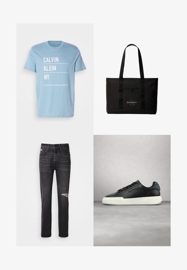 Heled sinise puuvillase t-särgi ees on valge tekst: "CALVIN KLEIN NY" ja "Calvin Klein asutatud 1968 NYC." T-särgil on klassikaline ringja kaelus ja lühikesed varrukad.; Mustad denim püksid sirge säärega disainiga, kulunud detailidega põlve kohal, viie taskuga stiil ja pehme tuhm viimistlus.; Mustast nahast spordijalats valge tallaga, mustade paeltega ja reljeefse logoga, mis näib hõljuvat halli põranda kohal, taga klaasplokkidega sein.; Must Calvin Kleini kandekott kahe pika sangaga ja esikotiga, brändi valge ja halli logoga.