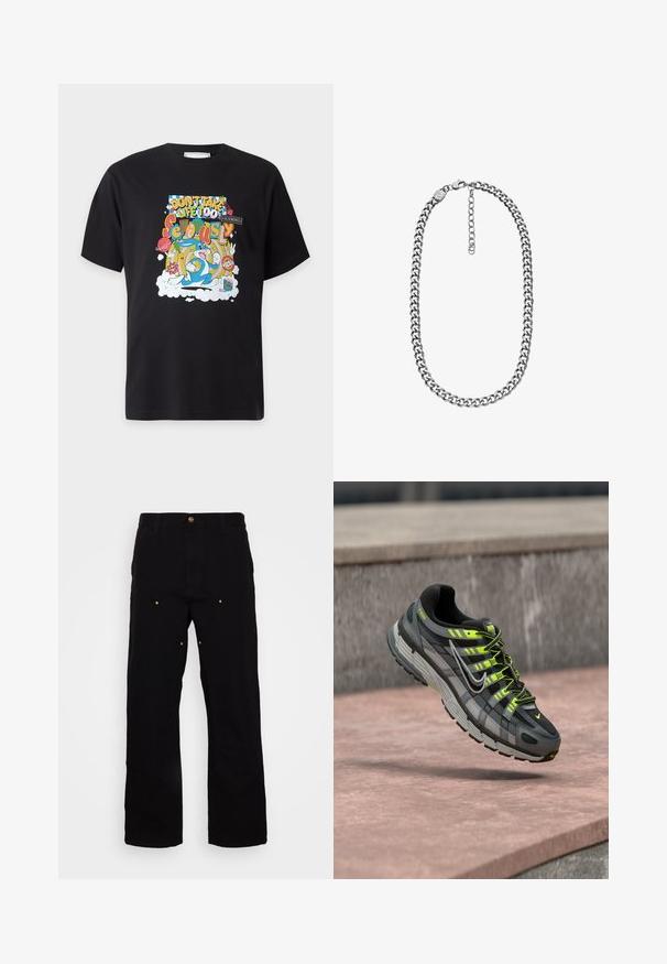 T-shirt noir avec un motif cartoon coloré featuring Bugs Bunny et le texte "Ne prends pas la vie trop au sérieux" dans des polices et styles variés.; Pantalons en denim noir avec une coupe droite, présentant des accents en métal doré et des coutures visibles sur les poches avant et arrière.; Baskets Nike P-6000 noires et grises avec des accents jaune néon et des lacets flottant au-dessus d'une surface en béton rose.; Collier chaîne curb ton argent avec fermoir mousqueton et chaîne d'extension réglable sur fond blanc.