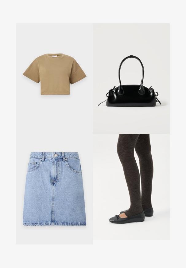 Kortærmet t-shirt i khaki bomuld. Har en rund halsudskæring og dropped skuldre med en glat, blød tekstur.; Lyseblå denimskirt med fem lomme-design, frontknap og lynlåslukning samt rå kant. Glat tekstur med let falmning.; Ben iført mørke ribbede leggings kombineret med sorte balletsko med små sløjfedetaljer på hvid baggrund.; Lille sort blank håndtaske med to lange håndtag og snøre-detaljer i siden på en ensfarvet lys baggrund.