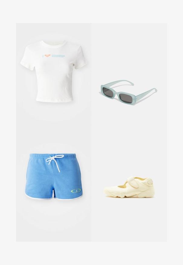 Hvid cropped t-shirt lavet af bomuld med et orange hjerte og "SURF" i lyseblåt print på forsiden. Korte ærmer, rund hals.; Lyseblå bomulds shorts med hvid snor, der har hvid kant og et logo med grøn akcent på nederste venstre side.; Beige sportssko med tyk sål, udskæringsdesign og to justerbare velcroremme på hvid baggrund.; Et par rektangulære solbriller med lyseblå gennemsigtige stel og mørkegrå linser, der har lige templer og minimale hardware detaljer.