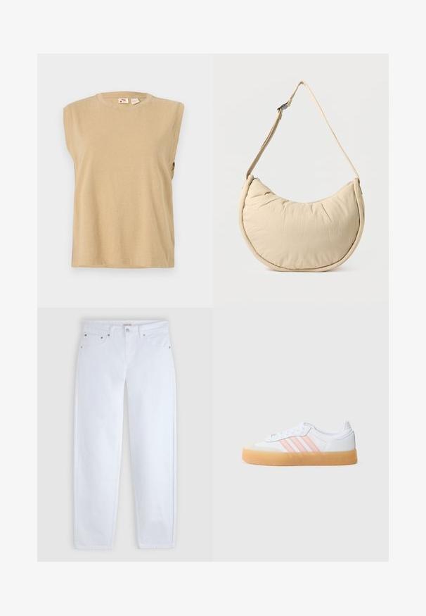 Débardeur beige sans manches en tissu doux, avec un col rond et une coupe décontractée, présentant des détails de couture minimalistes.; Jean blanc à coupe droite avec cinq poches, rivets métalliques et une fermeture par bouton à la taille.; Baskets blanches avec bandes roses, semelle en caoutchouc et bout en daim. Dotées d'une fermeture à lacets et de matériaux texturés sur la tige.; Sac d'épaule beige en forme de demi-lune avec une texture douce et rembourrée. Comprend une bandoulière réglable et une fermeture éclair sur le bord supérieur.