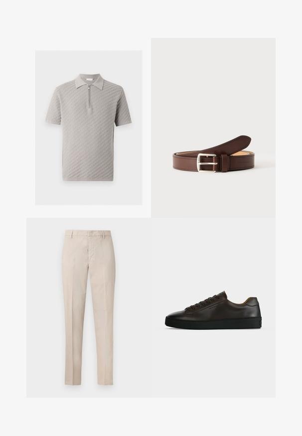 Polo manches courtes gris clair avec motif tissé texturé et fermeture éclair frontale sous le col.; Pantalon beige droit avec passants pour ceinture, fermeture avant dissimulée et plis sur le devant.; Baskets basses en cuir marron foncé avec semelle en caoutchouc noire, lacets à l'avant et design minimaliste épuré sur fond clair.; Ceinture en cuir marron avec boucle rectangulaire argentée enroulée sur un fond gris clair, montrant une couture détaillée le long des bords.