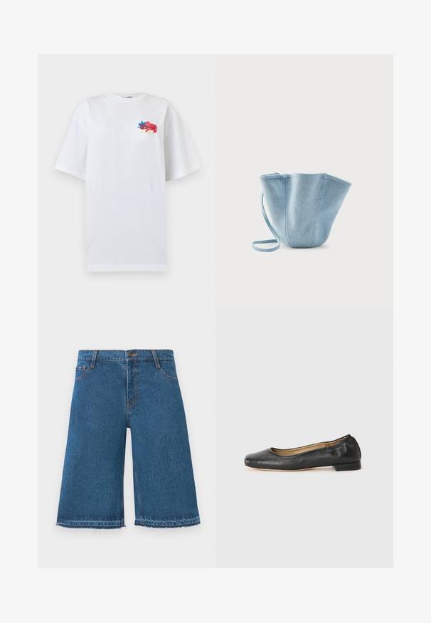 T-shirt blanc oversize à manches courtes avec petite broderie florale colorée et texte en cursive sur le haut gauche de la poitrine.; Shorts en denim bleu au genou avec des bords effilochés, bouton avant et poches, sur fond blanc uni.; Ballerines en cuir noir avec un bout arrondi et des coutures minimales. Talon bas et rectangulaire avec une texture lisse. Détails subtils de doublure intérieure.; Sac seau en tissu bleu clair avec longue bandoulière, grande ouverture supérieure et coutures verticales cousues, sur fond blanc uni.