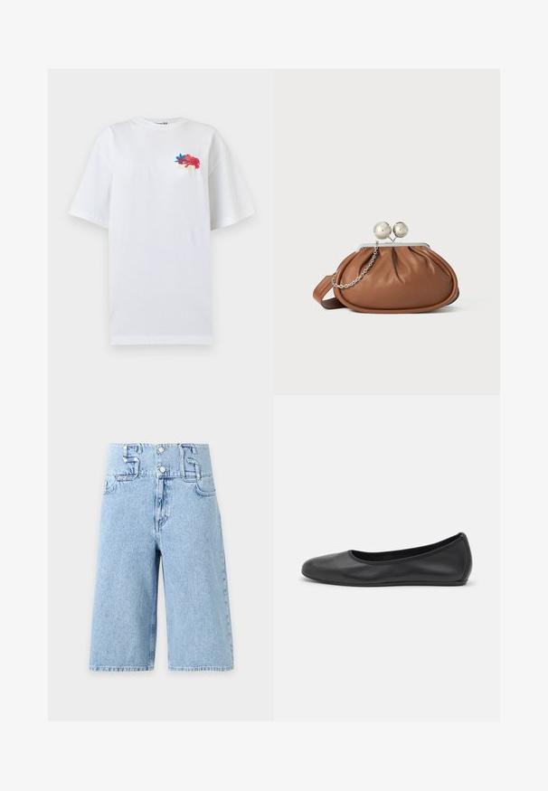T-shirt blanc oversize à manches courtes avec petite broderie florale colorée et texte en cursive sur le haut gauche de la poitrine.; Shorts en jean bleu clair taille haute avec jambes larges, fermeture à boutons sur le devant et grandes passants de ceinture en forme des chiffres cinq et six.; Ballerines en cuir noir avec un bout rond, texture lisse, détails de couture minimalistes et design de semelle flexible.; Pochette en cuir marron avec un fermoir à boule en argent et un petit détail en chaîne argentée sur fond blanc.