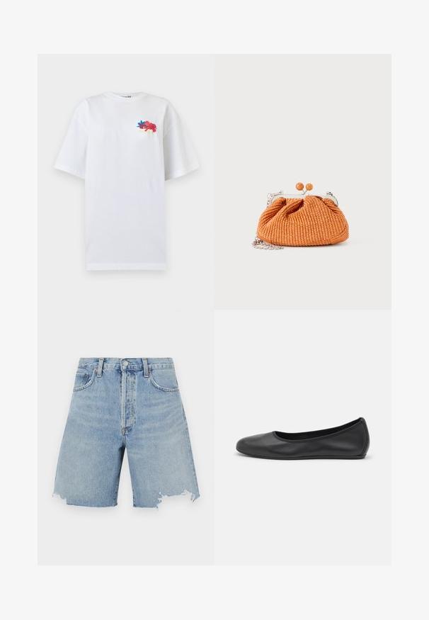 T-shirt blanc oversize à manches courtes avec petite broderie florale colorée et texte en cursive sur le haut gauche de la poitrine.; Shorts en denim bleu clair taille haute, avec un ourlet effiloché, deux poches avant et un design classique à cinq poches.; Ballerines en cuir noir avec un bout rond, texture lisse, détails de couture minimalistes et design de semelle flexible.; Petit sac pochette tissé orange avec cadre en métal argenté, fermoir rond et bandoulière chaîne argentée sur fond blanc.