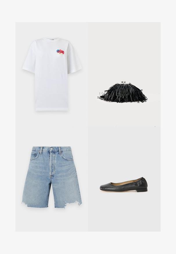 T-shirt blanc oversize à manches courtes avec petite broderie florale colorée et texte en cursive sur le haut gauche de la poitrine.; Shorts en denim bleu clair taille haute, avec un ourlet effiloché, deux poches avant et un design classique à cinq poches.; Ballerines en cuir noir avec un bout arrondi et des coutures minimales. Talon bas et rectangulaire avec une texture lisse. Détails subtils de doublure intérieure.; Pochette noire à franges avec fermoir argenté et chaîne, sur un fond clair uni.