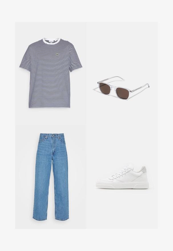 Camiseta de algodón a rayas en navy y blanco, con cuello redondo y mangas cortas. Presenta un pequeño logo de cocodrilo verde en el pecho.; Jeans de mezclilla de color azul claro con una cintura alta y un corte de pierna ancha. Las características incluyen cinco bolsillos, cierre de botón de metal y un dobladillo recto.; Zapatillas de cuero blanca con un acabado suave, punta redondeada, cordones planos y una suela texturada. Acento de ante gris en el talón.; Gafas de sol de plástico transparente con lentes marrones rectangulares, que cuentan con finas varillas transparentes y acentos metálicos en las patillas.