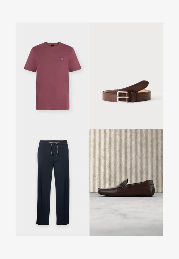 T-shirt manches courtes col rond en mauve atténué avec un petit patch logo carré sur la poitrine gauche.; Pantalon bleu marine à coupe décontractée, taille élastique et cordon de serrage. Fabriqué en tissu doux, avec deux poches latérales et des jambes droites.; Mocassins en cuir marron avec une finition lisse, des coutures de style mocassin, un bout rehaussé et une semelle en caoutchouc basse et flexible.; Ceinture en cuir marron avec boucle rectangulaire argentée enroulée sur un fond gris clair, montrant une couture détaillée le long des bords.