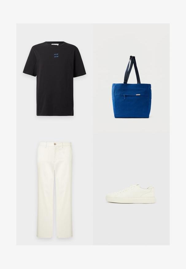 T-shirt noir à manches courtes avec col rond et petit logo texte bleu "SAMSOE SAMSOE" centré sur la poitrine.; Pantalon en coton beige à coupe droite, avec poches avant, fermeture par bouton et détails de couture subtils.; Baskets basses blanches avec laçage à l'avant, dessus en cuir lisse et semelle épaisse en caoutchouc, vues de côté extérieur sur un fond uni.; Sac fourre-tout en toile bleue avec une poche zippée à l'avant, des doubles bretelles et une forme rectangulaire. Dispose d'une étiquette de marque discrète.