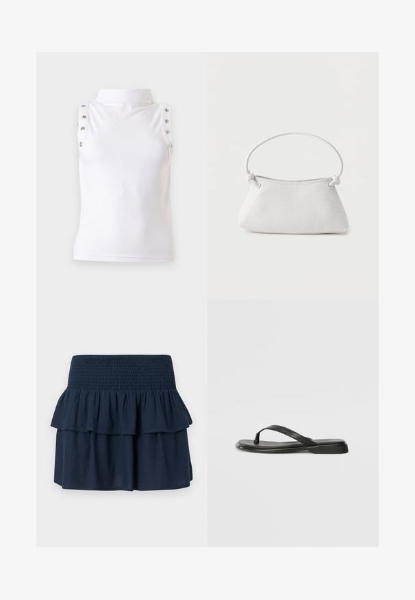 Haut blanc sans manches à col montant avec détails de boutons métalliques le long des bords des épaules, présenté sur un fond uni clair.; Mini-jupe bleu marine avec large ceinture smockée et détail de volants superposés sur le dessus.; Tongs noires en cuir lisse, avec un design de sangle fine et une semelle plate à profil minimal. Aucun motif ou accent notables.; Sac à main en cuir tressé blanc avec poignée arrondie et extrémités de lanière nouées, présenté sur un fond uni.