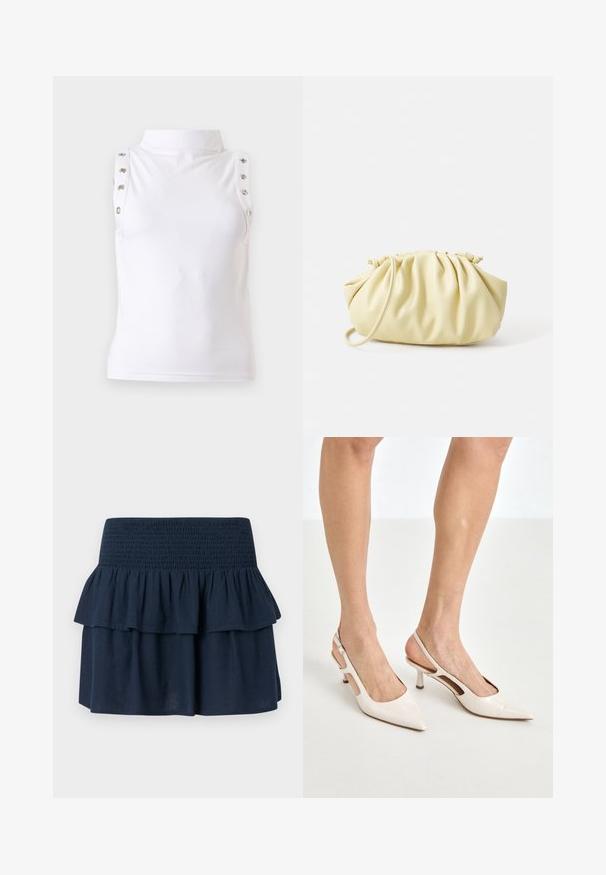 Haut blanc sans manches à col montant avec détails de boutons métalliques le long des bords des épaules, présenté sur un fond uni clair.; Mini-jupe bleu marine avec large ceinture smockée et détail de volants superposés sur le dessus.; Escarpins à talon slingback en cuir verni beige avec un bout pointu et un talon de 5 cm, présentant des côtés découpés et une fine bride à la cheville.; Sac à main plissé jaune en simili cuir lisse, arborant une forme douce avec une bandoulière unique et un design froncé sur le dessus.