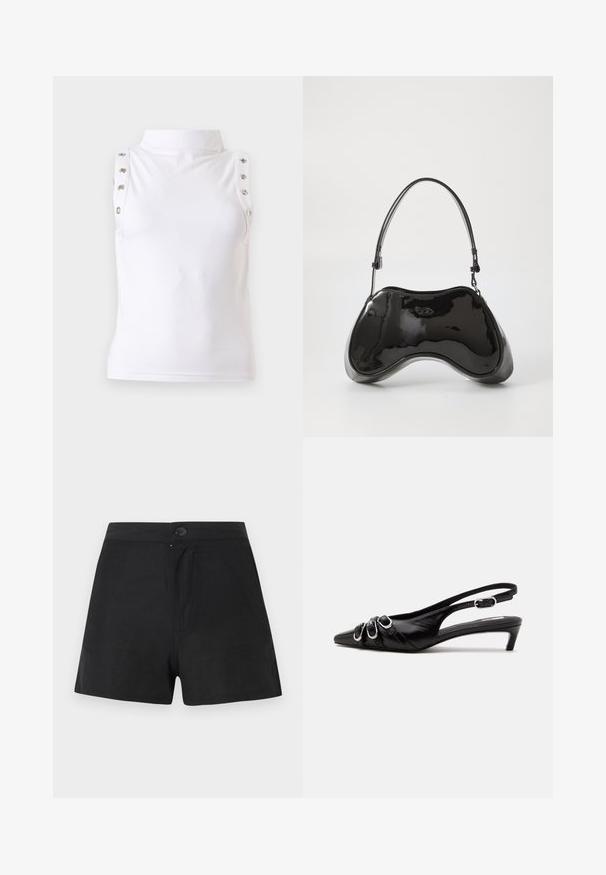 Haut blanc sans manches à col montant avec détails de boutons métalliques le long des bords des épaules, présenté sur un fond uni clair.; Shorts noirs taille haute avec fermeture à boutons sur le devant et détails subtils de couture, présentés sur un fond gris clair uni.; Chaussure slingback en cuir noir avec bout pointu, trois boucles argentées à l'avant et petit talon kitten sur fond blanc.; Sac à main en cuir verni noir avec une forme incurvée unique, une anse courte et ajustable, et une fermeture zippée. Texture lisse avec un branding discret.