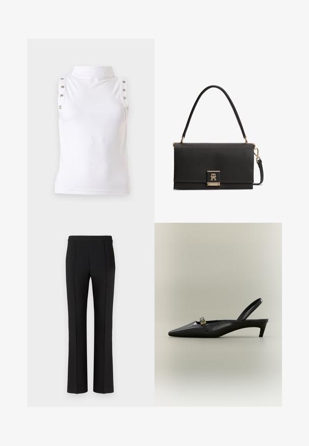 Haut blanc sans manches à col montant avec détails de boutons métalliques le long des bords des épaules, présenté sur un fond uni clair.; Pantalon noir ajusté avec une texture lisse, présentant une coupe droite, des plis centraux à l'avant et un design de taille minimaliste.; Escarpin slingback en cuir noir avec talon kitten, bout pointu et petite boucle dorée sur un fond uni.; Sac à main en cuir noir texturé avec une poignée supérieure, un fermoir doré présentant un logo TH entrelacé, et une bandoulière détachable.