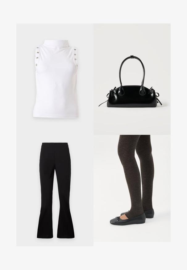 Haut blanc sans manches à col montant avec détails de boutons métalliques le long des bords des épaules, présenté sur un fond uni clair.; Pantalon noir évasé en tissu lisse. Présente une taille haute et une silhouette ajustée qui s'élargit à l'ourlet.; Jambes portant des leggings côtelés foncés associés à des ballerines noires avec de petits détails en nœud sur fond blanc.; Petit sac à main noir brillant avec deux longues anses et des détails à cordon sur les côtés sur un fond clair uni.