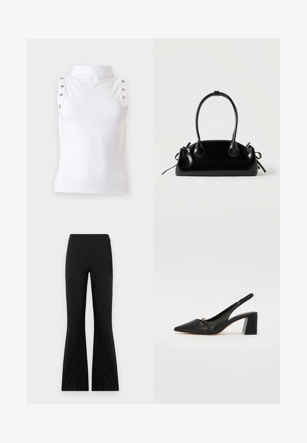 Haut blanc sans manches à col montant avec détails de boutons métalliques le long des bords des épaules, présenté sur un fond uni clair.; Pantalons noirs évasés en tissu extensible, présentant une texture lisse, une coupe ajustée et un design à ourlet fendu.; Chaussure à talon en cuir noir, modèle slingback avec un bout pointu, une petite bride à l'avant et un talon bloc. Texture lisse avec des détails en accents dorés.; Petit sac à main noir brillant avec deux longues anses et des détails à cordon sur les côtés sur un fond clair uni.