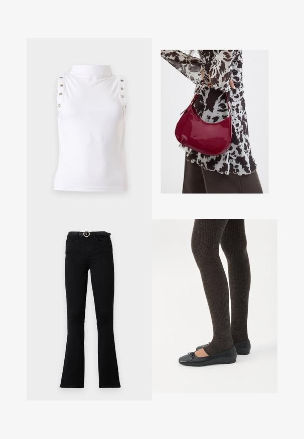 Haut blanc sans manches à col montant avec détails de boutons métalliques le long des bords des épaules, présenté sur un fond uni clair.; Jean évasé noir en denim, avec une taille ajustée, des poches avant et une ceinture à boucle argentée. Le tissu a une texture lisse.; Jambes portant des leggings côtelés foncés associés à des ballerines noires avec de petits détails en nœud sur fond blanc.; Femme portant un chemisier à motif noir et blanc tenant un sac à main rouge brillant sur un fond uni.