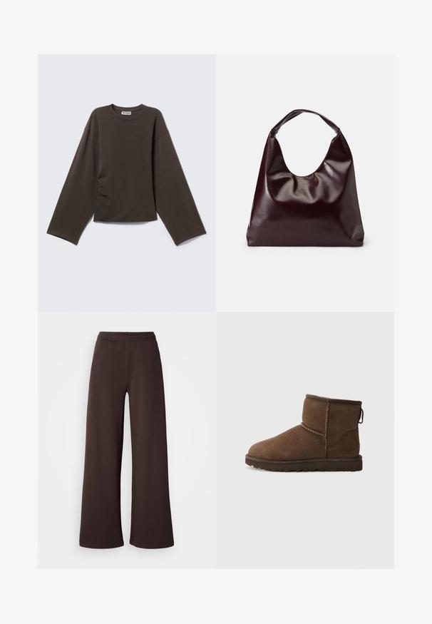 Dark brown long-sleeve crew neck shirt with wide sleeves and a small brand label at the neckline on a light background.; Wide-leg trousers in dark brown, made of soft fabric with an elastic waistband and clean hem finish, ideal for comfort and casual wear.; UGG CLASSIC MINI II - Winter boots - dusted cocoa; Burgundy, shiny vegan leather tote bag with a soft, sculptural shape and a wide, curved handle for easy carrying.