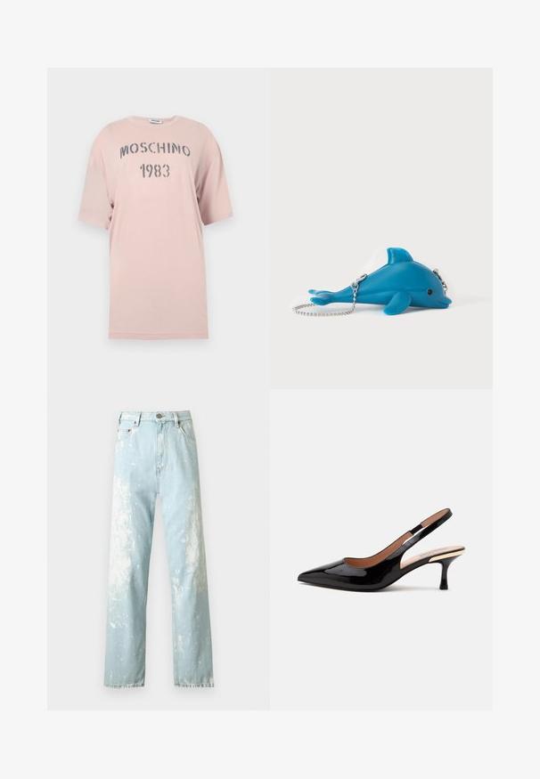 T-shirt oversize rose clair à manches courtes avec l'inscription "MOSCHINO 1983" en texte gris usé sur la poitrine.; Jean droit taille haute bleu clair avec motif éclaboussures de peinture blanche, poches avant, passants de ceinture et fermeture par bouton.; Escarpin slingback en cuir verni noir avec bout pointu et petit talon kitten sur fond blanc uni.; Pochette bleue en forme de dauphin avec bandoulière chaîne argentée posée sur une surface blanche, avec un petit détail œil noir et le nom de la marque sur la nageoire.