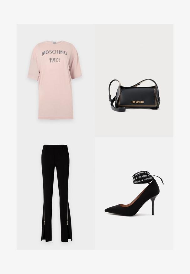 T-shirt oversize rose clair à manches courtes avec l'inscription "MOSCHINO 1983" en texte gris usé sur la poitrine.; DSQUARED2 ICON TRUMPET PANT - Pantalon classique - black; Escarpin noir à talon haut avec bout pointu et bride cheville avec le texte "LOVE MOSCHINO" et petits symboles de cœur blancs.; Sac à main rectangulaire noir Love Moschino avec surpiqûres dorées et bandoulière ajustable sur fond uni.