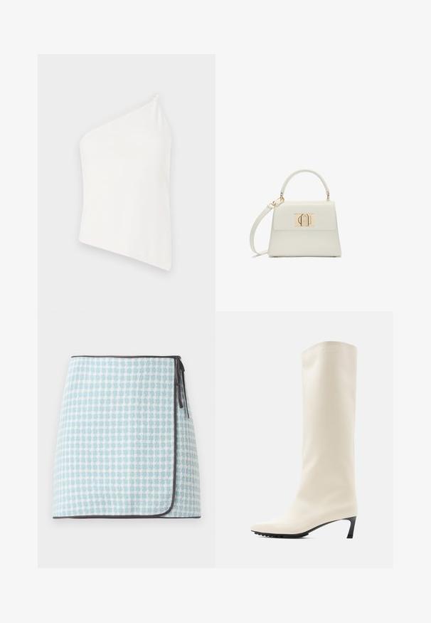 Haut asymétrique blanc avec une seule bretelle, texture lisse, design ajusté et look épuré et minimaliste. Pas de motifs ou d'accents supplémentaires.; Jupe en motif à carreaux bleu clair et blanc, avec une texture douce et une bordure contrastante sombre. Se ferme par des nouettes sur le côté.; Botte blanche hauteur genou en matériau lisse avec un bout pointu et un talon noir fin. Présente un design épuré et un marquage minimal.; Petit sac à main blanc avec poignée supérieure, bandoulière amovible et fermoir rectangulaire doré sur la rabat avant.