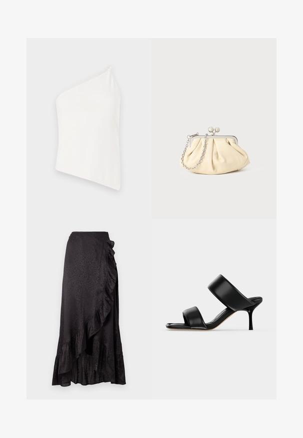 Haut asymétrique blanc avec une seule bretelle, texture lisse, design ajusté et look épuré et minimaliste. Pas de motifs ou d'accents supplémentaires.; Jupe en satin noir avec un ourlet froncé et des détails sur le côté. Le motif léopard texturé ajoute un intérêt visuel. Silhouette longue et fluide.; Sandale mule en cuir noir avec deux larges brides et un talon stiletto fin de hauteur moyenne sur un fond clair uni.; Pochette en cuir beige plissé avec un cadre en métal argenté, dotée de deux fermoirs ronds décoratifs et d'une chaîne en argent.