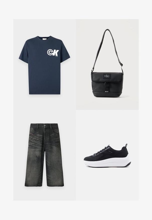 Tumesinine lühikeste varrukatega ümara kaelusega T-särk, millel on valge CK logo ja vasakul rinnal kiri "Calvin Klein".; Mustad laia säärega teksapüksid, millel on ees nupud, tõmblukk, vööaasad ja tuhmistunud tekstuuridetailid.; Must madala säärega toss valge paksu tallaga, mustriga paelade, kandmisel tõmbenööri ja väikese Calvin Kleini logoga külje peal.; Must Calvin Kleini õlakott reguleeritava rihmaga, esiklapiga, pandlaga kinnitusega ja nähtava brändilogi plaastriga.