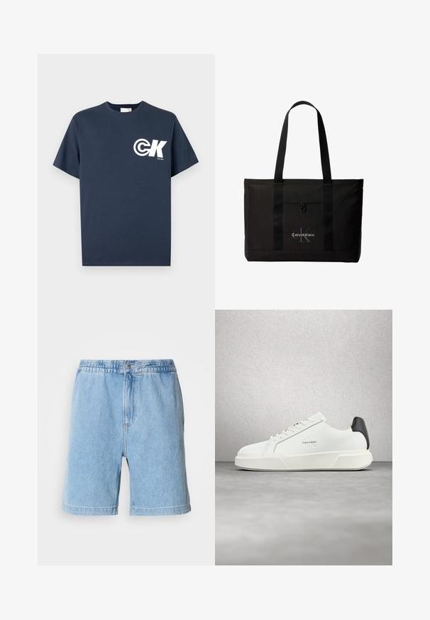 Marineblaues T-Shirt mit kurzen Ärmeln, Rundhalsausschnitt, weißem CK-Logo und "Calvin Klein"-Schriftzug auf der linken Brust.; Helle blaue Jeansshorts mit elastischem Bund, vorderem Knopfverschluss, seitlichen Taschen und geradem Schnitt. Mittlere Oberschenkel-Länge.; Weiße Sneaker mit glattem Lederobermaterial, flachen Schnürsenkeln und erhöhter weißer Sohle. Verfügen über einen schwarzen Akzent an der Ferse und ein geprägtes Logo.; Schwarze Calvin Klein Tote-Tasche mit zwei langen Griffen und Fronttasche, mit dem Markenlogo in Weiß und Grau.