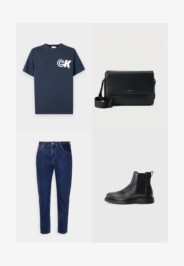 Tmavomodré tričko s krátkym rukávom a okrúhlym výstrihom s bielym logom CK a nápisom "Calvin Klein" na ľavej strane hrudníka.; Tmavomodré rifľové nohavice rovného strihu s predným zapínaním na gombík a zips, s pútkami na opasok a prednými aj zadnými vreckami.; Čierne kožené chelsea čižmy s textúrovaným povrchom, elastickými bočnými panelmi a pevným gumovým podpätkom. Diskrétny branding na päte.; Čierna kožená messenger taška s textúrovaným povrchom, nastaviteľným popruhom a predným klopou s jemným logom. Kompaktný a obdĺžnikový tvar.