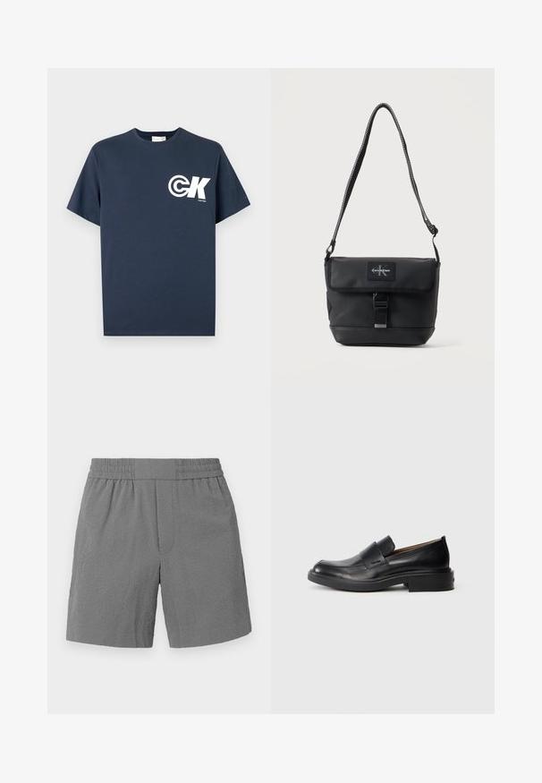Marineblauw T-shirt met korte mouwen en ronde hals, voorzien van een witte CK-logo en de tekst "Calvin Klein" op de linkerborst.; Grijze shorts met een elastische tailleband, textuurstof en rechte snit. Bevat twee zijzakken en een subtiel, gepatterd ontwerp.; Zwarte leren instap schoenen met een lage hak en subtiel Calvin Klein-logo aan de zijkant, weergegeven in profiel op een witte achtergrond.; Zwarte Calvin Klein schoudertas met verstelbare band, voorflap, gespsluiting en zichtbaar merklogo-patch.