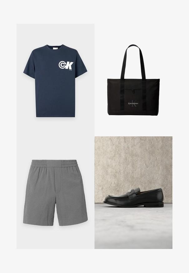 Tmavomodré tričko s krátkym rukávom a okrúhlym výstrihom s bielym logom CK a nápisom "Calvin Klein" na ľavej strane hrudníka.; Šedé šortky s elastickým pásom, textúrovanou látkou a rovnými nohavicami. Obsahujú dve bočné vrecká a decentný vzorovaný dizajn.; Čierny kožený loafer s kovovou značkovou platničkou ležiaci pri hnedom okrúhlom stole na béžovej koberci.; Čierna taška Calvin Klein typu tote s dvoma dlhými rúčkami a predným vreckom, s logom značky v bielej a sivej farbe.