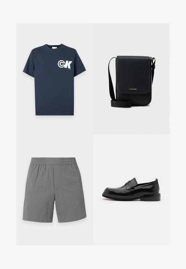 Camiseta azul marino de manga corta con cuello redondo, con logo CK blanco y texto "Calvin Klein" en el pecho izquierdo.; Pantalones cortos grises con cintura elástica, tejido texturizado y corte recto. Presenta dos bolsillos laterales y un diseño sutilmente estampado.; Calvin Klein MOCCASIN - Mocasines elegantes - black; Bolso bandolera negro de Calvin Klein con solapa, correa ajustable y pequeño logo dorado en el frente, sobre un fondo blanco liso.
