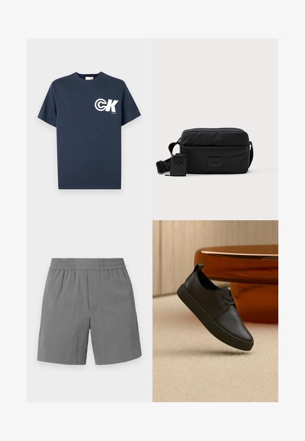 Marineblå T-shirt med korte ærmer og rund hals, med hvid CK-logo og "Calvin Klein"-tekst på venstre bryst.; Grå shorts med elastisk talje, struktureret stof og lige snit. Har to sidelommer og et subtilt mønster.; Sort lædersneaker til hverdag med snørebånd, svævende over beige tæppe med et rundt bord af ravfarvet glas i baggrunden.; Sort crossbody taske lavet af glat nylon med en rektangulær form, der har en aftagelig lille pung og en justerbar rem.
