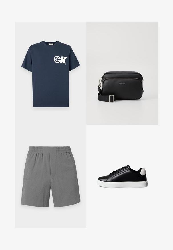 Tmavomodré tričko s krátkym rukávom a okrúhlym výstrihom s bielym logom CK a nápisom "Calvin Klein" na ľavej strane hrudníka.; Šedé šortky s elastickým pásom, textúrovanou látkou a rovnými nohavicami. Obsahujú dve bočné vrecká a decentný vzorovaný dizajn.; Čierna kožená nízka teniska s čiernymi šnúrkami, bielou gumovou podrážkou a bielym semišovým detailom na päte, zobrazená z profilu na bielom pozadí.; Čierna kožená crossbody taška s dvoma zipsovými oddeleniami, textúrovaný povrch, nastaviteľný popruh a strieborné kovové akcenty. Zobrazené logo Calvin Klein.