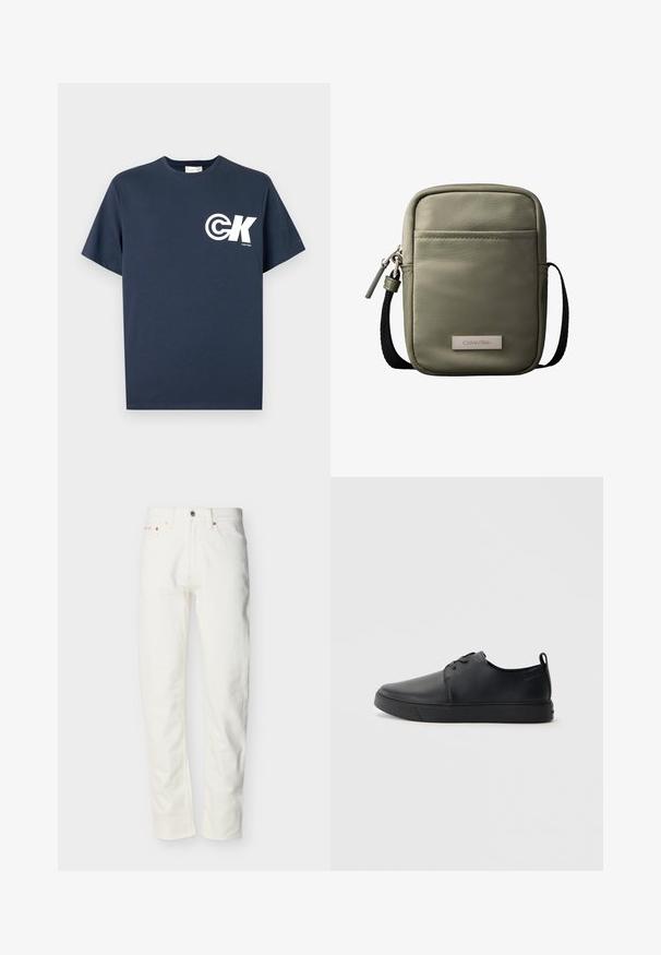 Marineblauw T-shirt met korte mouwen en ronde hals, voorzien van een witte CK-logo en de tekst "Calvin Klein" op de linkerborst.; Witte denim herenjeans met rechte pijpen, voorzien van een knoop- en ritssluiting aan de voorkant, riemlussen en een ontwerp met vijf zakken.; Zwarte leren sneaker met een gladde afwerking, ronde neus, tonale stiknaden, vetersluiting aan de voorkant en een vlakke rubberen zool. Lussje aan de hak.; Compact olijfgroene crossbodytas met voorvak, zwarte verstelbare band, ritssluiting en Calvin Klein logoplaatje.