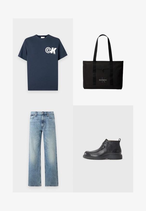 Tmavomodré tričko s krátkym rukávom a okrúhlym výstrihom s bielym logom CK a nápisom "Calvin Klein" na ľavej strane hrudníka.; Svetlomodré riflové nohavice s rovnými nohavicami, vysokým pásom, piatimi vreckami, zapínaním na gombík a jemným vyblednutím na stehnách a kolenách.; Čierne kožené členkové čižmy s okrúhlou špičkou, šnurovací dizajn a pútko na zadnej strane. Štruktúrovaný zvršok a gumová podrážka.; Čierna taška Calvin Klein typu tote s dvoma dlhými rúčkami a predným vreckom, s logom značky v bielej a sivej farbe.