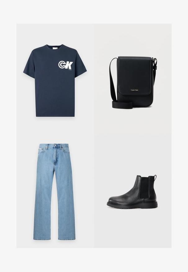 Marineblaues T-Shirt mit kurzen Ärmeln, Rundhalsausschnitt, weißem CK-Logo und "Calvin Klein"-Schriftzug auf der linken Brust.; Hellblaue gerade geschnittene Jeans im Five-Pocket-Design mit Knopfverschluss an der Taille, präsentiert vor einem schlichten Hintergrund.; Schwarze Leder-Chelsea-Boots mit strukturiertem Finish, elastischen seitlichen Einsätzen und einer robusten Gummisohle. Dezentes Branding an der Ferse.; Schwarze Calvin Klein Umhängetasche mit Klappe, verstellbarem Riemen und kleinem goldfarbenem Logo auf der Vorderseite, vor einem schlichten weißen Hintergrund.