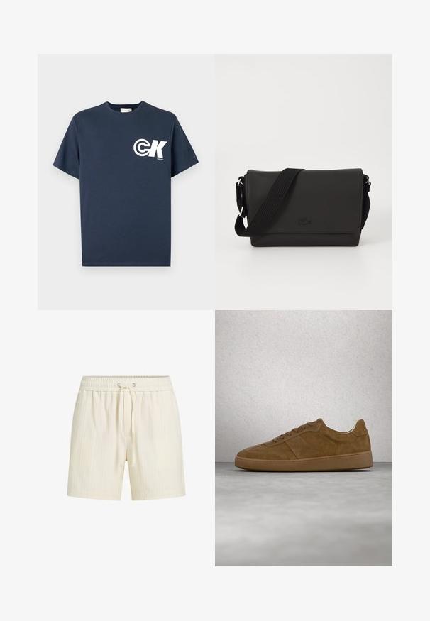 Tmavomodré tričko s krátkym rukávom a okrúhlym výstrihom s bielym logom CK a nápisom "Calvin Klein" na ľavej strane hrudníka.; Krémové krátke nohavice s textúrovaným vertikálnym pruhovaným vzorom, vybavené elastickým pásom a sťahovacou šnúrkou na úpravu veľkosti.; Hnedá semišová teniska s béžovými šnúrkami a gumovou podrážkou. Má zaoblenú špičku a prešívané detaily na zvršku. Ľahká konštrukcia.; Lacoste MESSENGER BAG MEN CLASSIC - Taška cez plece - noir