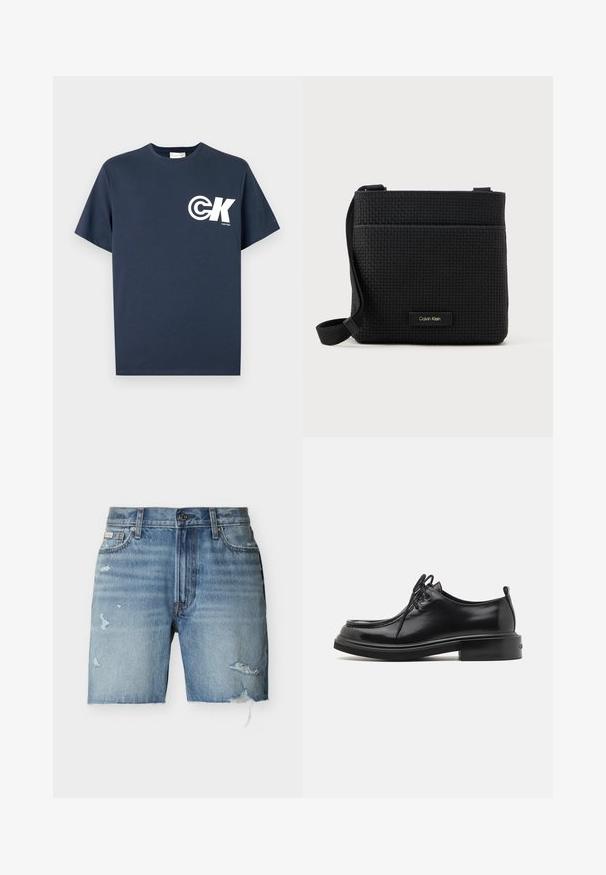 Camiseta azul marino de manga corta con cuello redondo, con logo CK blanco y texto "Calvin Klein" en el pecho izquierdo.; Pantalones cortos de mezclilla azul claro con bordes deshilachados, detalles desgastados en ambas piernas, cierre frontal con botones y bolsillos frontales sobre un fondo blanco.; Calvin Klein LACE UP APRON BRUSH OFF - Zapatos de vestir - black; Bolso bandolera negro trenzado con correa ajustable, que cuenta con un bolsillo frontal y una pequeña etiqueta de marca. Superficie lisa y texturizada.