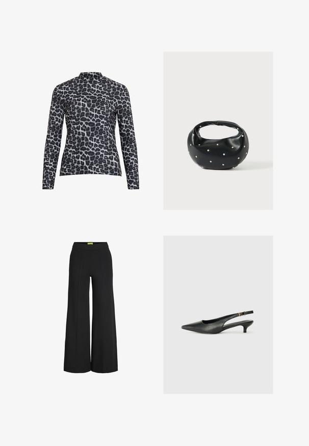 Haut à manches longues avec un col montant, confectionné dans un tissu lisse avec un motif léopard noir et gris.; Pantalon noir à jambes larges avec taille haute et détails de coutures verticales à l'avant.; Chaussure slingback noire à bout pointu en cuir lisse. Présente un talon fin et un détail de boucle sur la sangle réglable.; Sac à main en cuir noir de forme arrondie, décoré de clous argentés et équipé d'une poignée courte. Texture lisse et fermeture éclair.