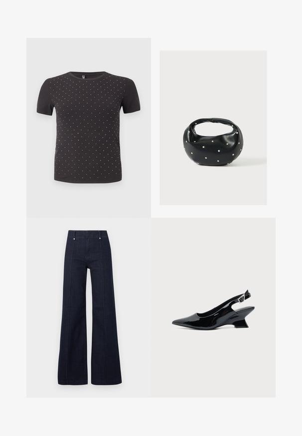 T-shirt noir à manches courtes en tissu côtelé, avec un motif de petits embellissements brillants répartis uniformément sur le devant.; Jean bleu foncé taille haute à jambes larges avec coutures devant et passants pour ceinture sur un fond clair uni.; Chaussure slingback en cuir verni noir avec bout pointu et petit talon bloc incliné sur fond clair uni.; Sac à main en cuir noir de forme arrondie, décoré de clous argentés et équipé d'une poignée courte. Texture lisse et fermeture éclair.