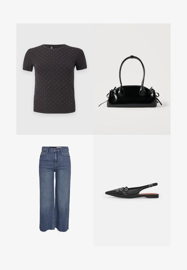 T-shirt noir à manches courtes en tissu côtelé, avec un motif de petits embellissements brillants répartis uniformément sur le devant.; Jean large bleu à taille haute, avec boutons devant, fermeture éclair, cinq poches et ourlets effilochés.; Chaussure plate noire en cuir avec un bout pointu, dotée de deux lanières horizontales et de boucles carrées en argent, avec un faible talon et une texture lisse.; Petit sac à main noir brillant avec deux longues anses et des détails à cordon sur les côtés sur un fond clair uni.