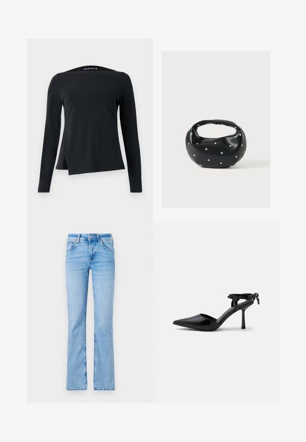 Sort langærmet top lavet af glat stof, med høj halsudskæring og en asymmetrisk kant med sidespring for et moderne design.; Lyseblå denim flared jeans med fem lommer, knaplukning og bæltestropper, med slidte områder og en glat tekstur.; Sort laklæder højhælet sko med spids tå og ankrem bundet i en knude bagpå, vist på en ensartet hvid baggrund.; Sort læderhåndtaske med en rundet form, dekoreret med sølvnitter, og et kort håndtag. Glat tekstur og lynlåslukning.