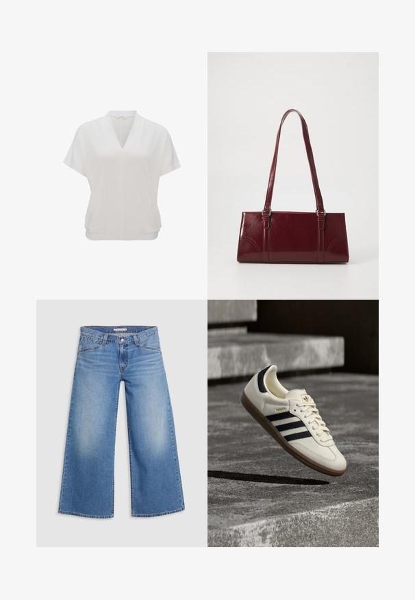Weißes Kurzarmoberteil mit V-Ausschnitt und lockerer Passform mit einem gerafften Saum. Glatter, leichter Stoff mit einer dezenten Textur.; Hellblaue weite Jeans aus Denim, mit hoher Taille, klassischem Fünf-Taschen-Design und sanften Ausbleichungen entlang der Beine.; Weißer Adidas Samba Sneaker mit schwarzen Streifen und Gummisohle, schwebend über strukturierten grauen Betontreppen.; Burgunderfarbene Handtasche aus glänzendem Material, rechteckige Form, mit zwei Schulterriemen und subtilen, geschwungenen Akzenten an der Vorderseite.