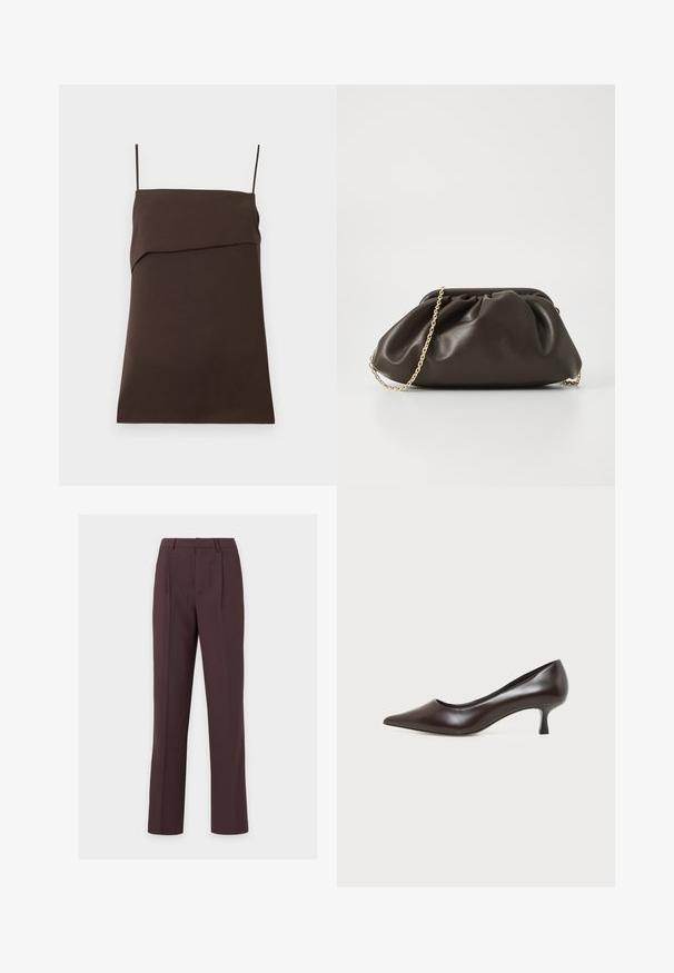 Robe mini marron foncé sans manches avec fines bretelles spaghetti et encolure droite avec détail de tissu superposé.; Pantalon droit marron foncé sur mesure avec passants pour ceinture et plis à l'avant, présenté sur un fond clair uni.; Escarpin en cuir marron foncé à bout pointu avec petit talon incurvé sur fond blanc.; Sac à main en cuir marron avec un design froncé, une bandoulière en chaîne dorée et une finition douce et texturée. Sa forme compacte est idéale pour une utilisation en soirée.
