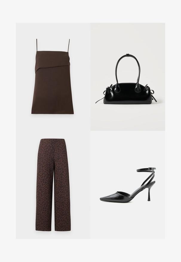 Robe mini marron foncé sans manches avec fines bretelles spaghetti et encolure droite avec détail de tissu superposé.; Pantalon marron à jambes larges avec motif léopard noir, taille haute, sans poches ni fermetures visibles, présenté à plat sur fond blanc.; Escarpin noir à bout pointu avec fines brides de cheville et fermeture à boucle argentée sur fond clair uni.; Petit sac à main noir brillant avec deux longues anses et des détails à cordon sur les côtés sur un fond clair uni.