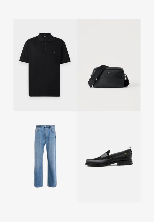 Polo noir en coton lisse, doté d'un col classique et d'une patte de boutonnage à trois boutons, avec un petit logo sur la poitrine.; Jeans en denim bleu clair avec une coupe droite, cinq poches, fermeture à bouton, peu d'usure et des détails de couture contrastés.; Mocassin en cuir noir avec détail de bride grise, talon bas et semelle texturée, marqué "HUGO" en or sur le côté.; Sac bandoulière en cuir noir texturé avec poche avant zippée et bandoulière large en tissu réglable sur fond blanc.