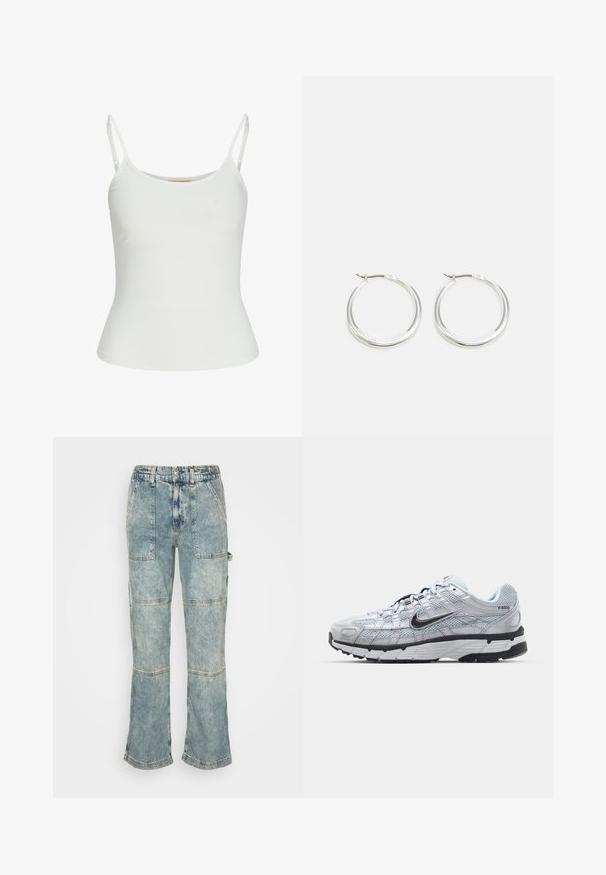 Hvid ærmeløs top med justerbare stropper, tætsiddende design, glat stofstruktur og rund halsudskæring. Ingen mønstre eller hardware detaljer.; BDG Urban Outfitters UTILITY SKATE - Jeans Relaxed Fit - mid vintage; Nike P-6000 sneakers med en lys grå mesh overdel, sorte accenter og en holdbar sort gummisål. Har et detaljeret design og snøresystem.; Sølv hoops øreringe har et glat, afrundet design med en slank profil og sikker spænde. Minimalistisk stil med en poleret finish.