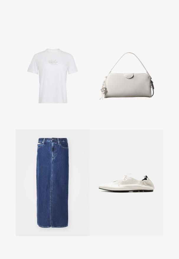 Hvid bomuld T-shirt med korte ærmer, rund hals og et guldprintet Calvin Klein-logo på forsiden.; Mørkeblå denimnederdel, knælang, med slidse foran, traditionel talje og fem-lommes design med kontrasterende syninger.; Hvid minimalistisk lædersko med indstukket hæl, snørelukning og tynd sort sål på ensfarvet baggrund.; Hvid rektangulær Calvin Klein håndtaske med enkelt håndtag, minimalistisk design og dekorative kvaster med geometrisk metalvedhæng på siden.
