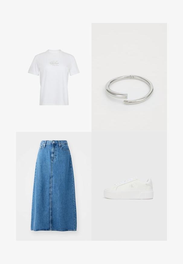 Weißes Kurzarm-T-Shirt mit Rundhalsausschnitt und hellbeigem Calvin Klein-Logo zentral auf der Brust.; Maxi-Rock aus blauer Jeans mit einem knopfverschluss vorne, zwei Taschen und einem geraden Schnitt mit rohem Saum. Klassisch und vielseitig.; Weiße Plattform-Sneaker mit einem glatten Leder-Obermaterial, abgerundetem Zehenbereich, weißen Schnürsenkeln und dezentem Logo-Detail an der Seite. Flache Gummisohle.; Calvin Klein SPIRAL - Armband - silver-coloured