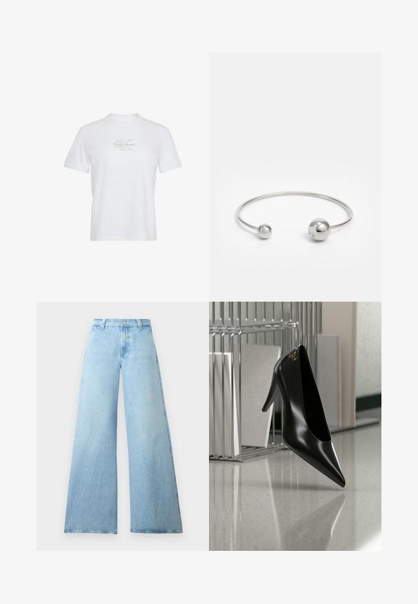 Weißes Baumwoll-T-Shirt mit kurzen Ärmeln, Rundhalsausschnitt und einem goldenen Calvin Klein-Logo auf der Vorderseite.; Helles blaues, weites Jeansmodell aus Denim mit hoher Taille, ausgestattet mit einem Knopfverschluss und fünf Taschen. Glatte Textur mit lässiger Silhouette.; Schwarzer High-Heel-Schuh mit spitzer Zehe und goldem Logo, auf einer reflektierenden Oberfläche nahe einem verchromten Draht-Organizer mit Dokumenten positioniert.; Silberner Metallarmreif mit zwei kugelförmigen Akzenten an jedem Ende, glatte Oberfläche, offenes Design und schlanker, minimalistischer Form.